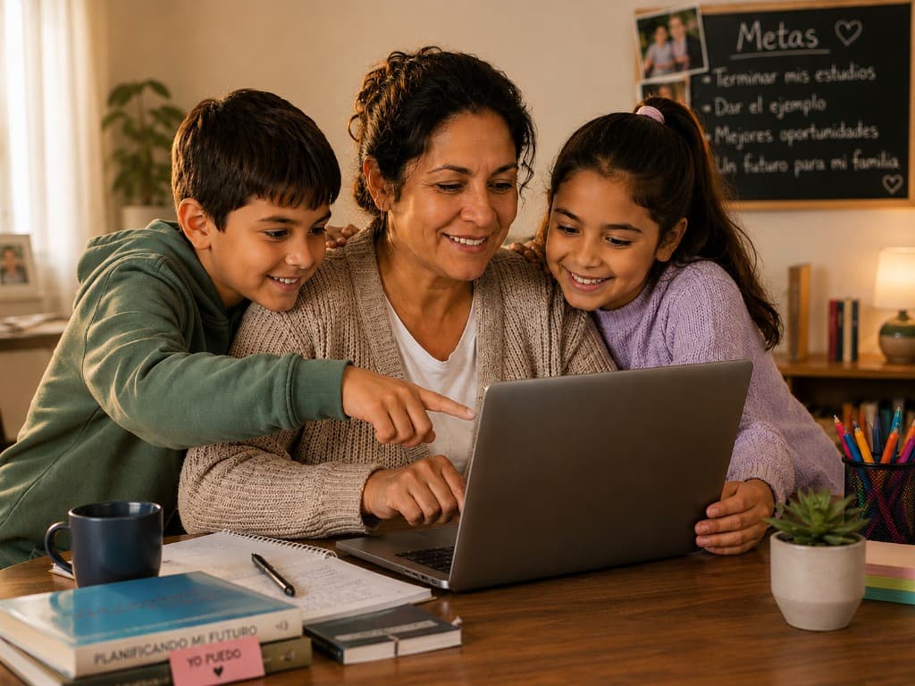 Madre e hija estudian juntas frente a un laptop, retomando la educación para adultos